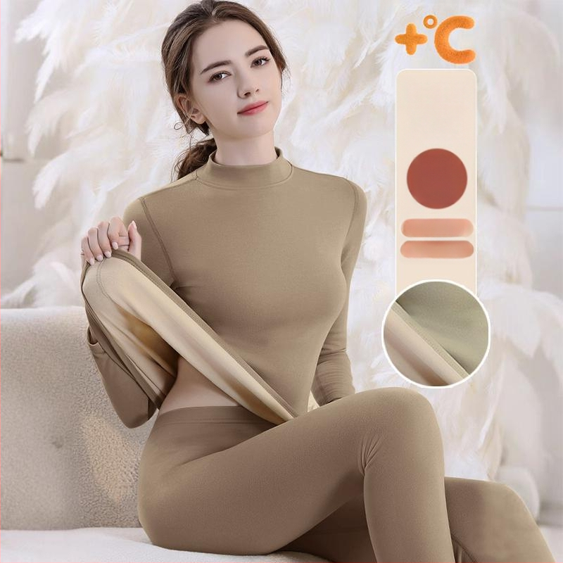Set de lenjerie termică cu căptușeală din fleece, gros pentru toamnă și iarnă, tops și pantaloni termici pentru femei, țesătură periată pe ambele fețe