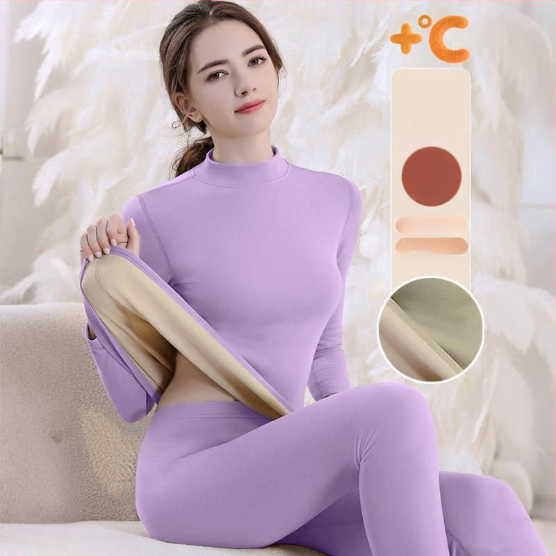 Set de lenjerie termică cu căptușeală din fleece, gros pentru toamnă și iarnă, tops și pantaloni termici pentru femei, țesătură periată pe ambele fețe