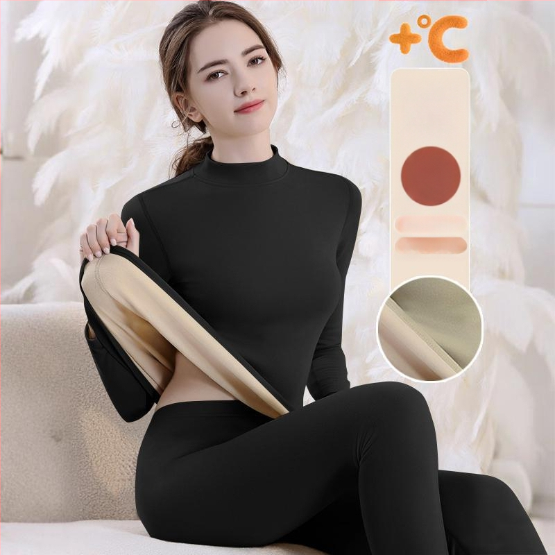 Set de lenjerie termică cu căptușeală din fleece, gros pentru toamnă și iarnă, tops și pantaloni termici pentru femei, țesătură periată pe ambele fețe