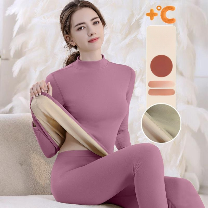 Set de lenjerie termică cu căptușeală din fleece, gros pentru toamnă și iarnă, tops și pantaloni termici pentru femei, țesătură periată pe ambele fețe