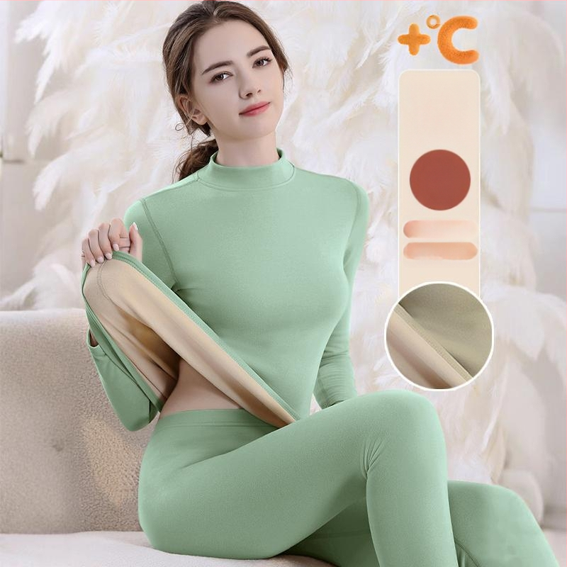 Set de lenjerie termică cu căptușeală din fleece, gros pentru toamnă și iarnă, tops și pantaloni termici pentru femei, țesătură periată pe ambele fețe