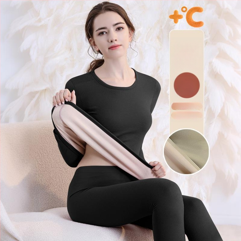Set de lenjerie termică cu căptușeală din fleece, gros pentru toamnă și iarnă, tops și pantaloni termici pentru femei, țesătură periată pe ambele fețe