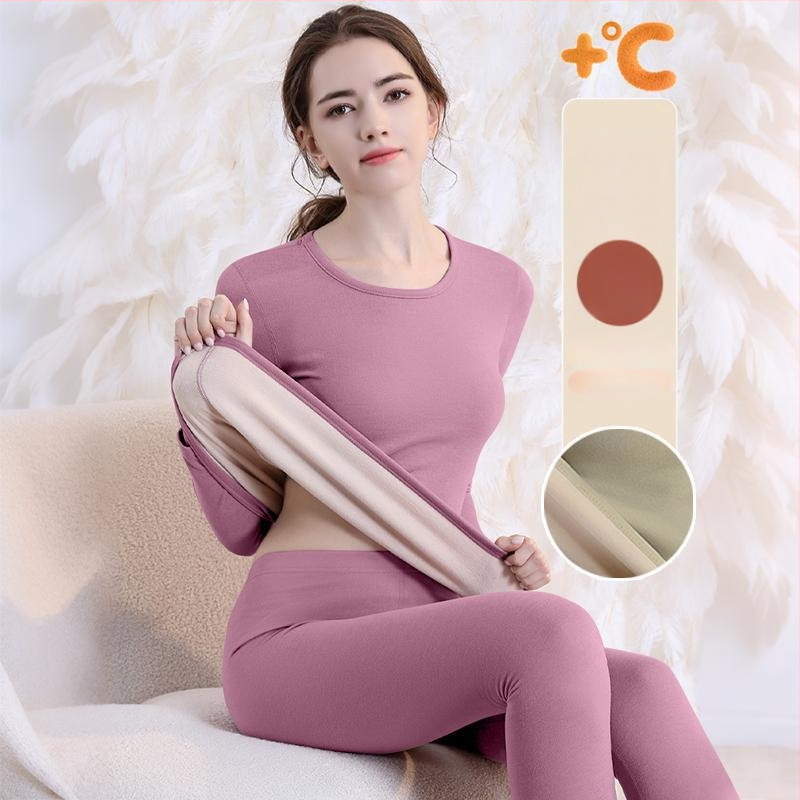 Set de lenjerie termică cu căptușeală din fleece, gros pentru toamnă și iarnă, tops și pantaloni termici pentru femei, țesătură periată pe ambele fețe