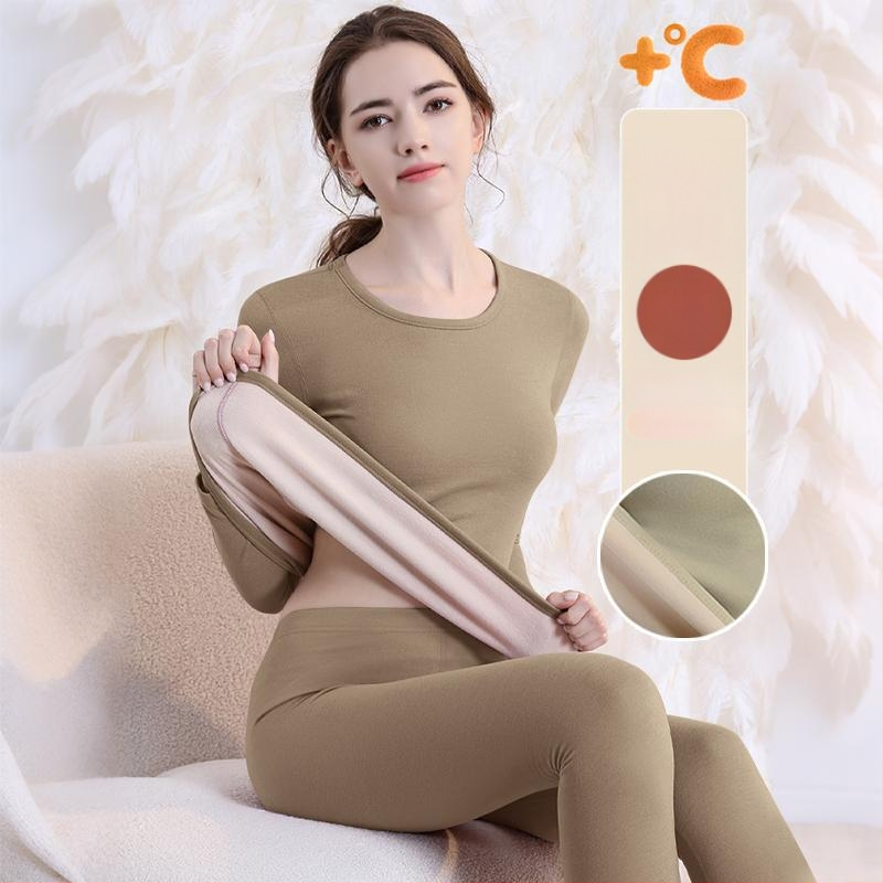 Set de lenjerie termică cu căptușeală din fleece, gros pentru toamnă și iarnă, tops și pantaloni termici pentru femei, țesătură periată pe ambele fețe