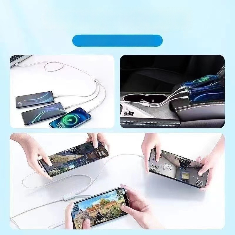 Cablu alb 3 în 1 de 6A pentru încărcare rapidă, cu conectori Mini USB, Micro USB și Type-C pentru Apple, Android, Huawei și Xiaomi.