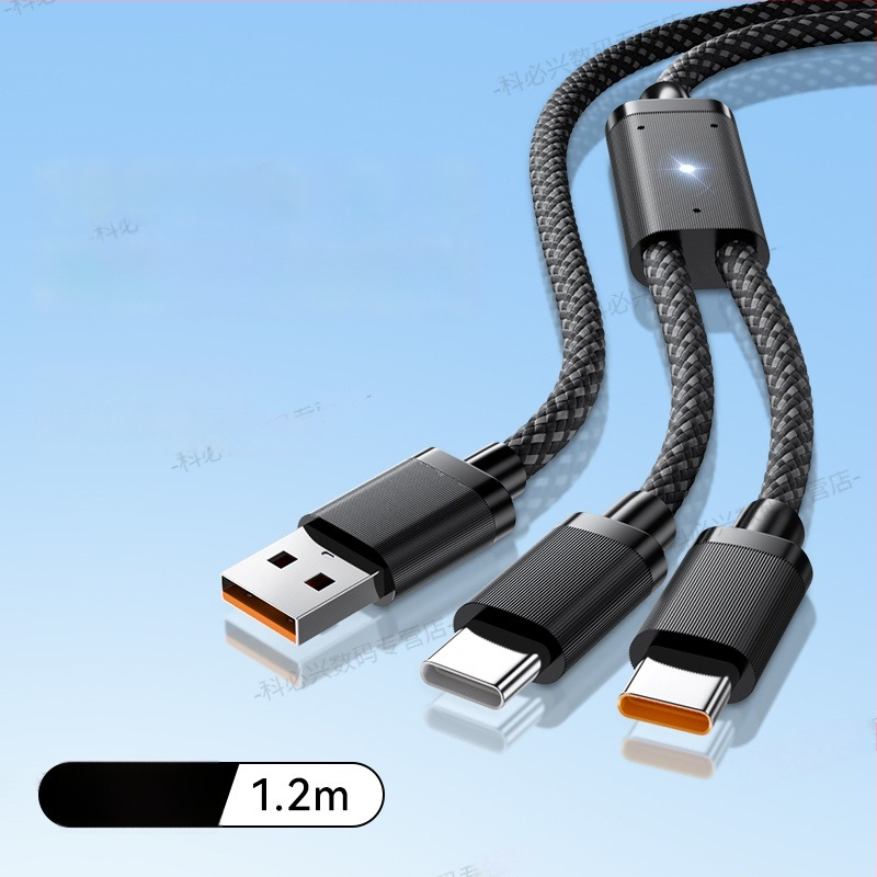 Cablu de date cu LED de respirație, unu la doi, 2 în 1, USB Type-C 6A, compatibil cu Huawei și iPhone 17
