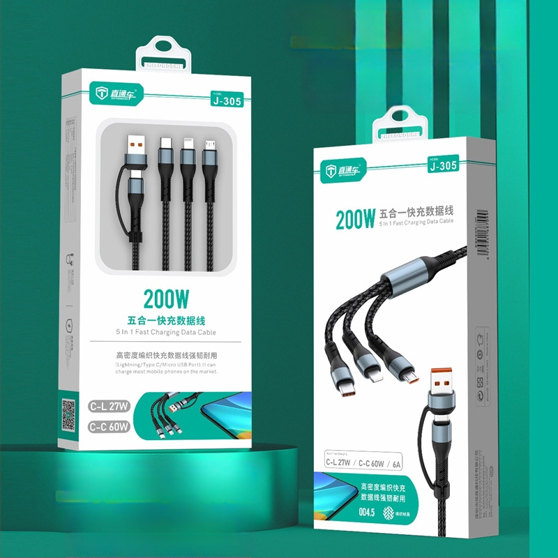 J305 cablu de date și încărcare împletit, 5 în 1, USB-C, Lightning și Micro USB, lungime 1,2 m, negru, încărcare rapidă până la 120W