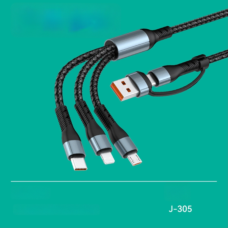 J305 cablu de date și încărcare împletit, 5 în 1, USB-C, Lightning și Micro USB, lungime 1,2 m, negru, încărcare rapidă până la 120W