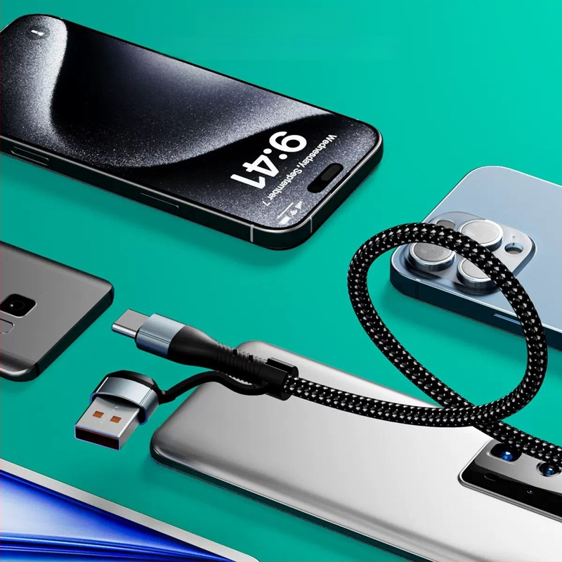 J305 cablu de date și încărcare împletit, 5 în 1, USB-C, Lightning și Micro USB, lungime 1,2 m, negru, încărcare rapidă până la 120W