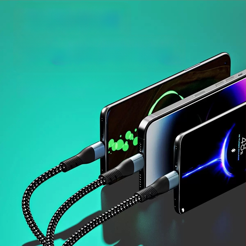 J305 cablu de date și încărcare împletit, 5 în 1, USB-C, Lightning și Micro USB, lungime 1,2 m, negru, încărcare rapidă până la 120W