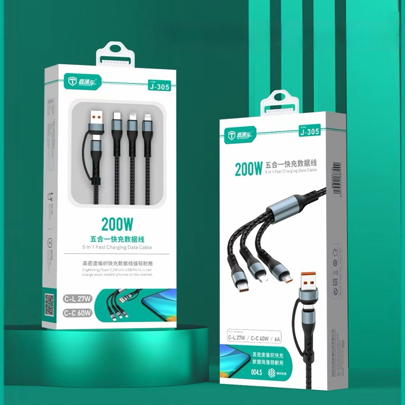 J305 cablu de date și încărcare împletit, 5 în 1, USB-C, Lightning și Micro USB, lungime 1,2 m, negru, încărcare rapidă până la 120W