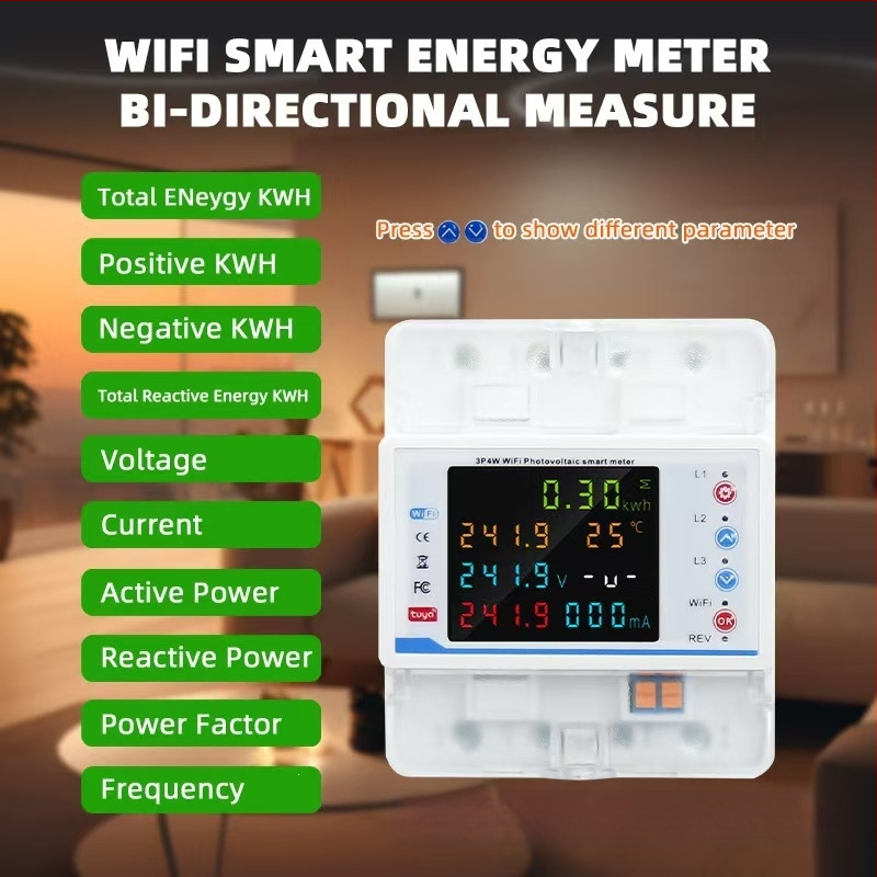 Meter de energie trifazat Wi-Fi Tuya cu întrerupător, protecție supratensiune/subtensiune, limitare curent, echilibru curent și tensiune pe faze.