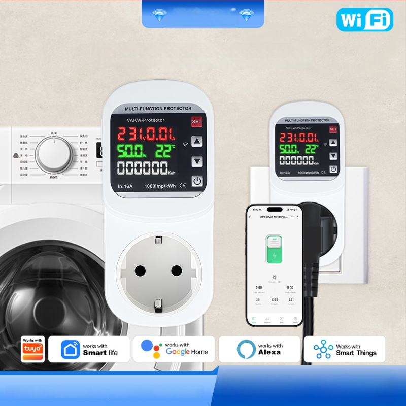 Priză inteligentă WiFi, multifuncțională, cu ecran pentru măsurarea energiei, control vocal și protecție la supratensiune și sub tensiune