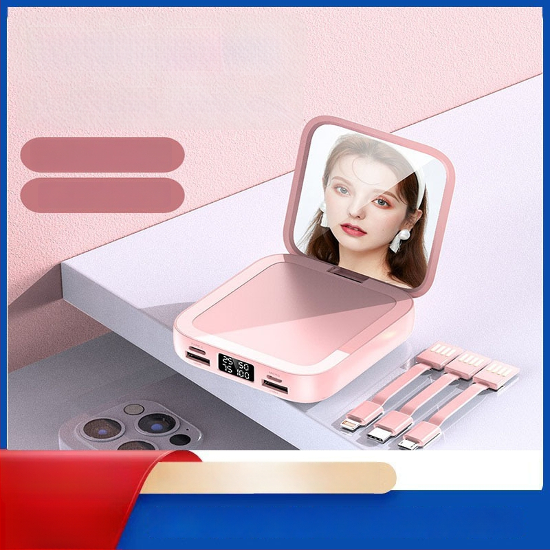 Oglindă de machiaj cu power bank de 20000 mAh, mini, universală, cablu de încărcare încorporat, imprimare logo
