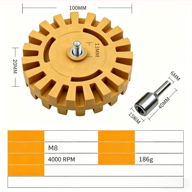 Disc pneumatic pentru îndepărtarea adezivului și roată de polizare din cauciuc pentru autocolante auto