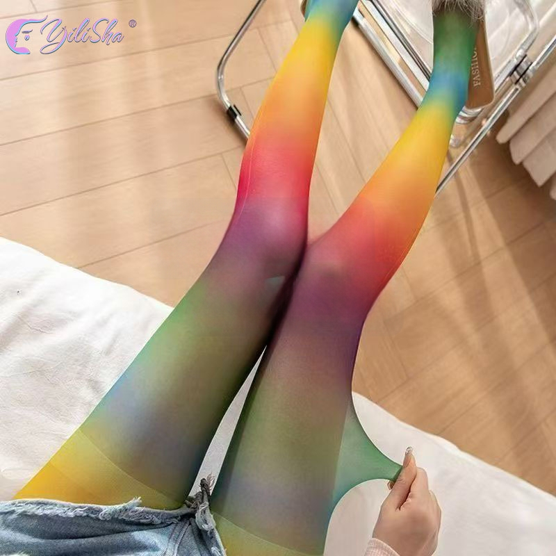 Șosete damă în stil japonez cu curcubeu Dopamin, subțiri, cu dungi gradient, colorate și sexy pentru primăvară și toamnă
