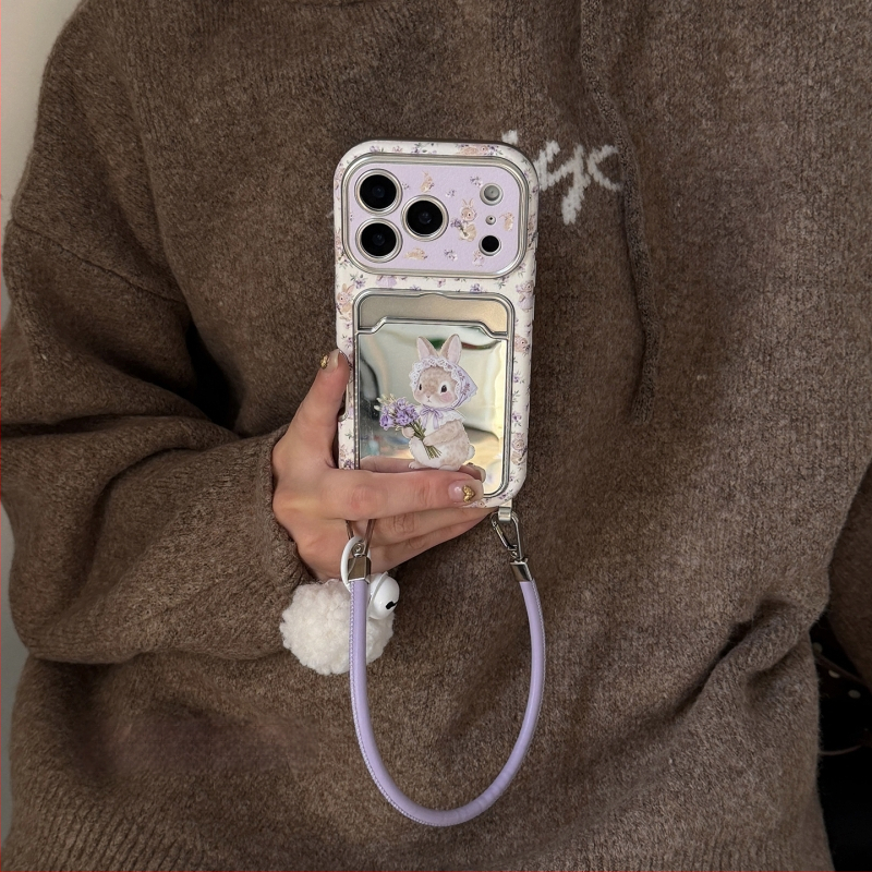 Husa iPhone KPP cu oglindă, floral mov de primăvară, iepuraș mic
