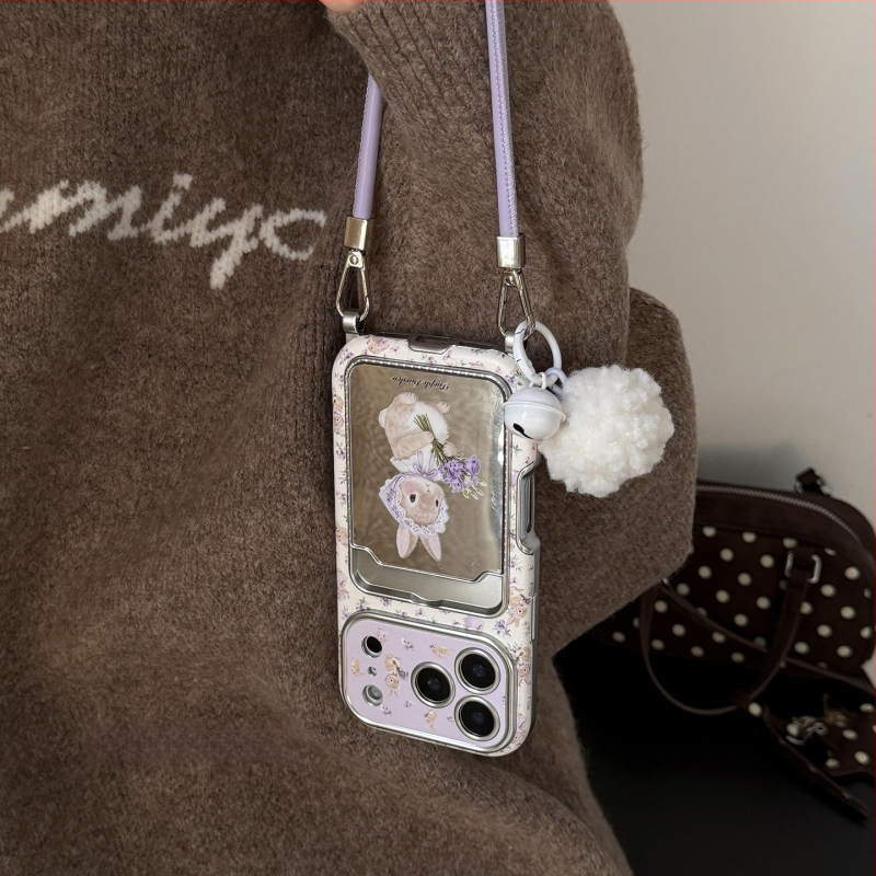 Husa iPhone KPP cu oglindă, floral mov de primăvară, iepuraș mic