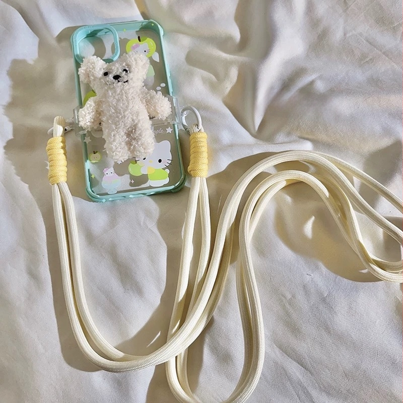 Carcasă pentru telefon cu ursuleț desen animat, lanț lung pentru gât, clips pe spate, curea împletită maro
