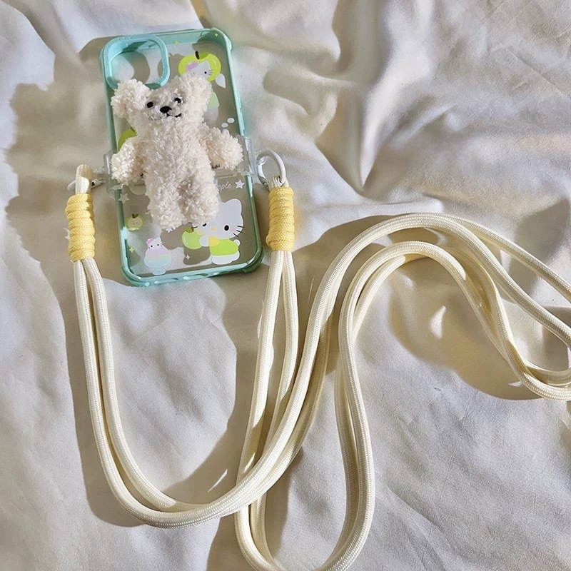 Carcasă pentru telefon cu ursuleț desen animat, șnur lung pentru gât/umăr și clips pe spate, curea țesută maro