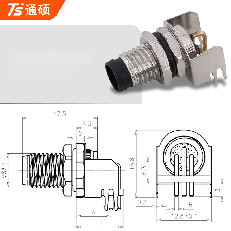 Conector aerian M8 cu placă sudată, pini îndoiți, priză cu flanșă, etanș la apă, împământare
