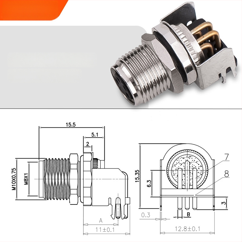 Conector aerian M8 cu placă sudată, pini îndoiți, priză cu flanșă, etanș la apă, împământare