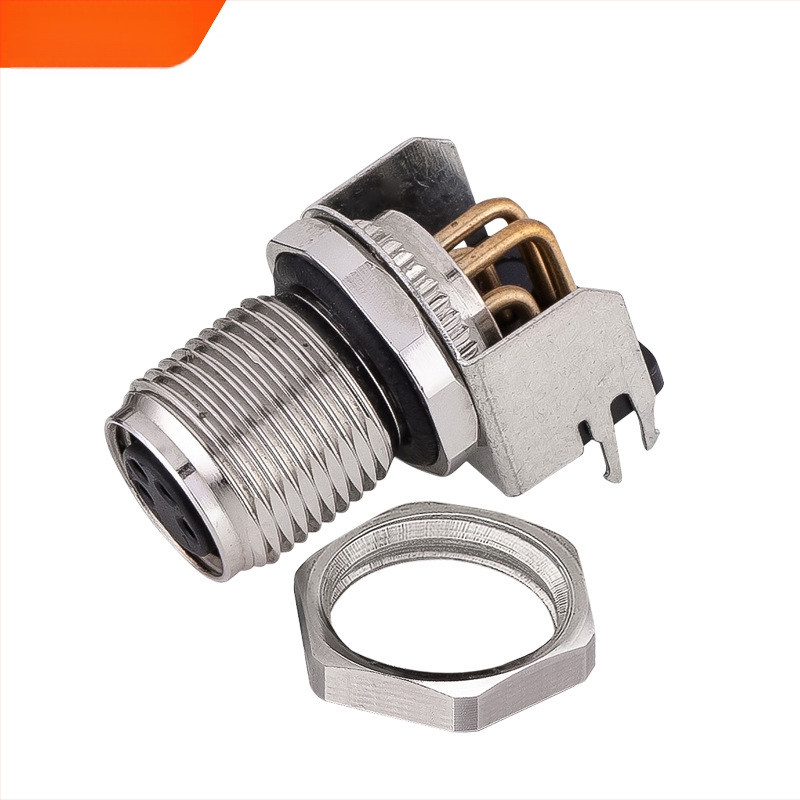 Conector aerian M8 cu placă sudată, pini îndoiți, priză cu flanșă, etanș la apă, împământare