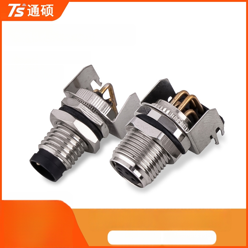 Conector aerian M8 cu placă sudată, pini îndoiți, priză cu flanșă, etanș la apă, împământare
