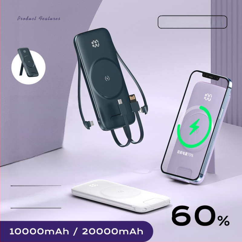 Power bank MagSafe cu încărcare wireless, magnetic, 20000 mAh, cu suport încorporat pentru patru cabluri