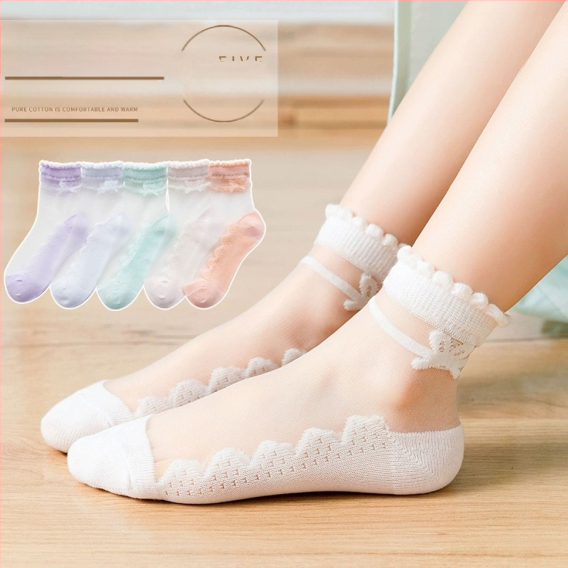 Șosete de vară subțiri pentru copii, cu funda, stil prințesă, detalii cristal, Ice Silk transparent, talpă din bumbac