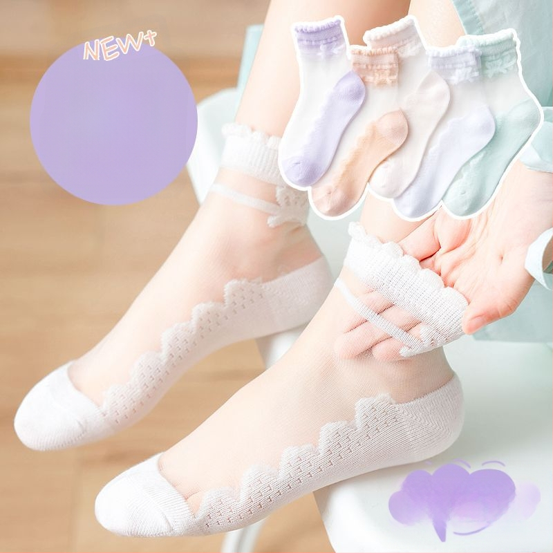 Șosete de vară subțiri pentru copii, cu funda, stil prințesă, detalii cristal, Ice Silk transparent, talpă din bumbac