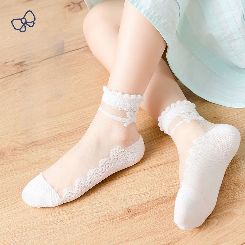 Șosete de vară subțiri pentru copii, cu funda, stil prințesă, detalii cristal, Ice Silk transparent, talpă din bumbac