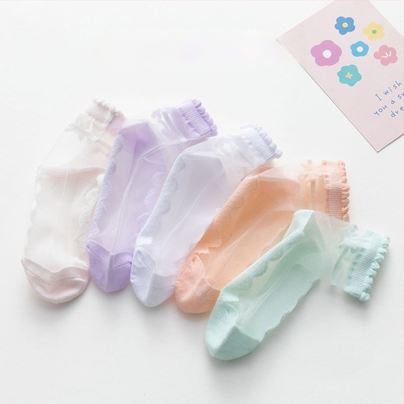 Șosete de vară subțiri pentru copii, cu funda, stil prințesă, detalii cristal, Ice Silk transparent, talpă din bumbac