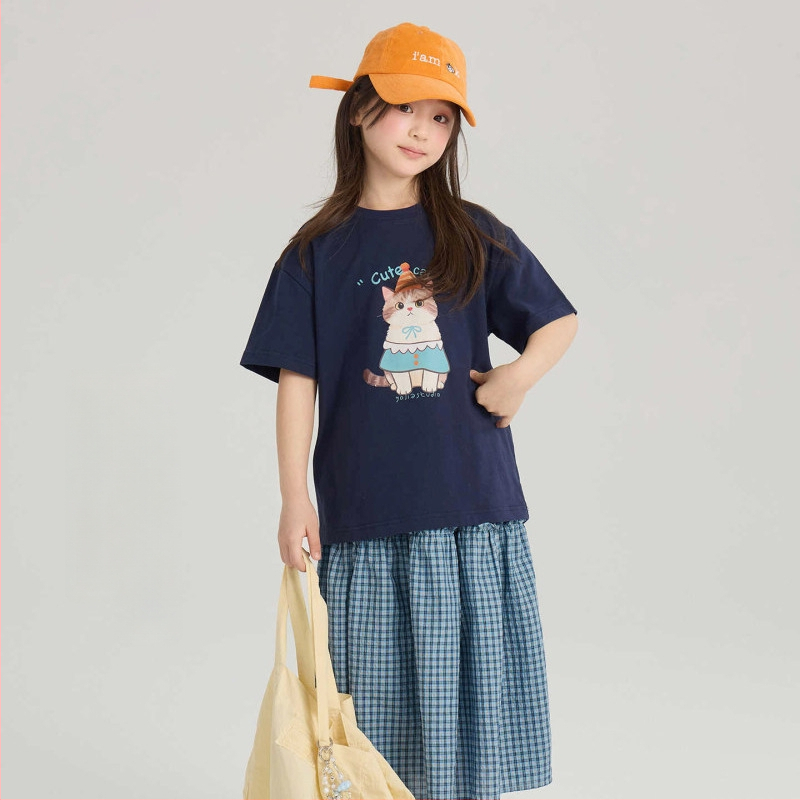 Tricou pentru copii cu mâneci scurte, vară, imprimeu cu pisicuță desen animat, guler rotund