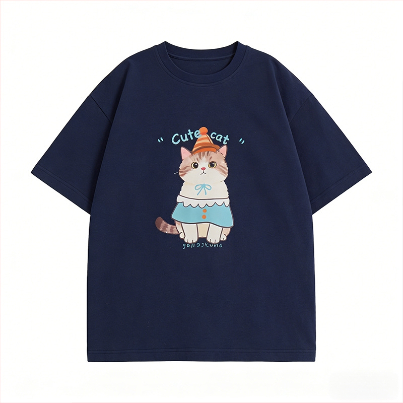 Tricou pentru copii cu mâneci scurte, vară, imprimeu cu pisicuță desen animat, guler rotund