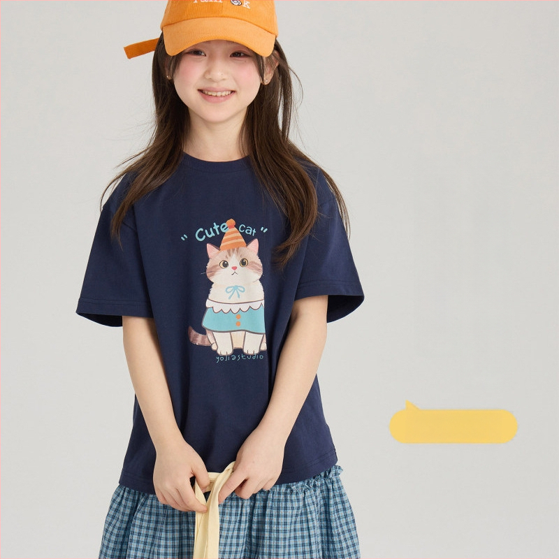 Tricou pentru copii cu mâneci scurte, vară, imprimeu cu pisicuță desen animat, guler rotund