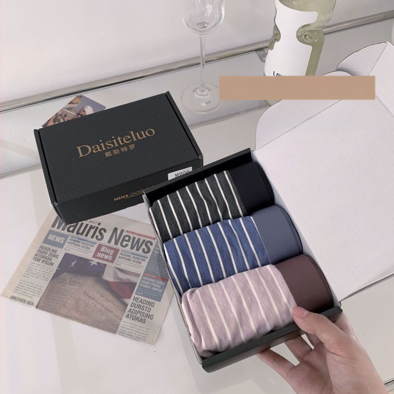 Set cadou de boxeri bărbați din modal, confortabili, fără cusături, talie medie, în dungi