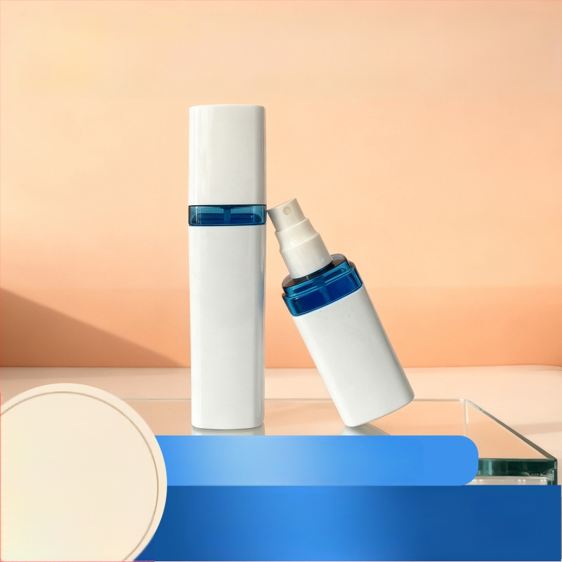 Recipient PET pentru loțiune, pătrat albastru‑alb, ambalaj cosmetic cu pompă