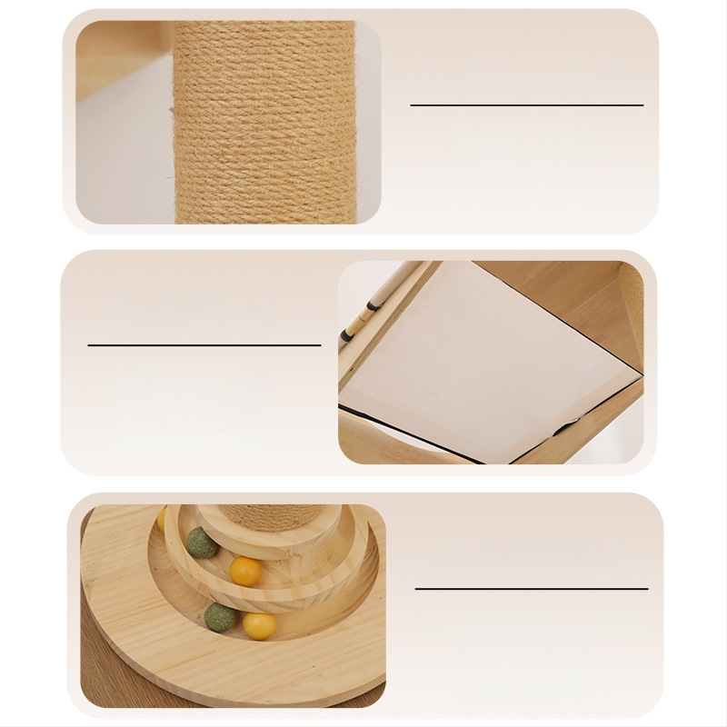 Stâlp vertical pentru zgâriere pisici din sisal, cu cadru de cățărare integrat și hamac cu ventuze