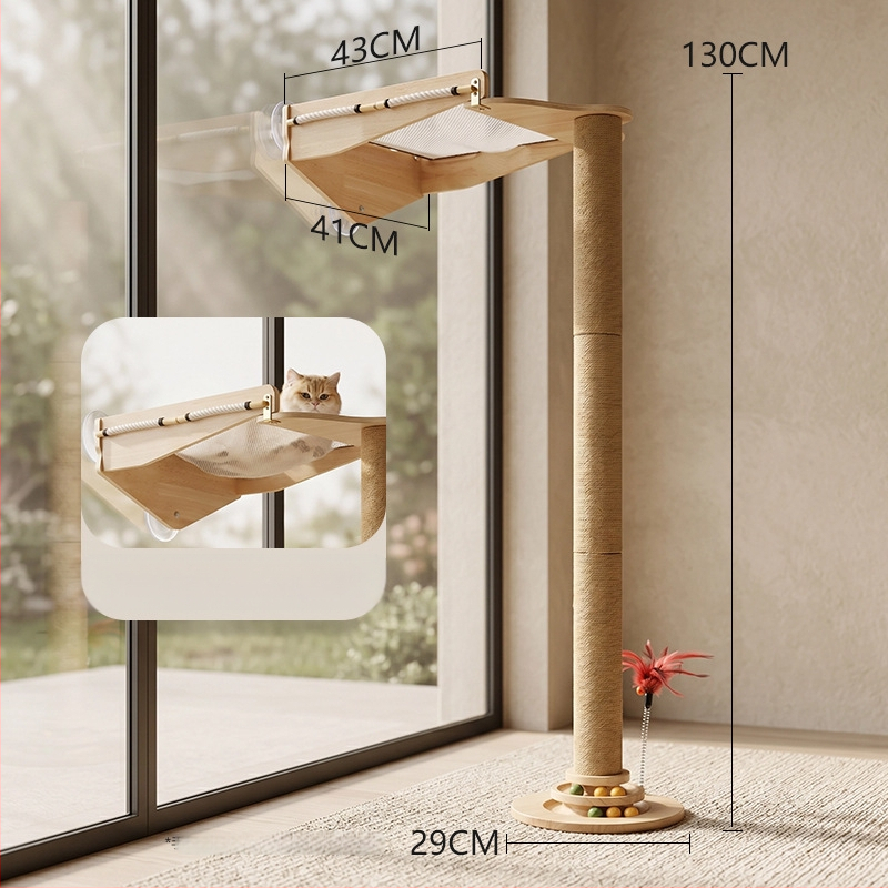 Stâlp vertical pentru zgâriere pisici din sisal, cu cadru de cățărare integrat și hamac cu ventuze