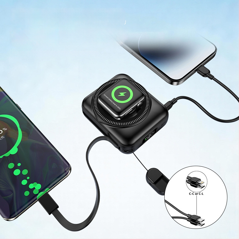 Baterie externă 3 în 1 cu încărcare rapidă și încărcare magnetică, 10000 mAh, cu cablu, pentru telefoane, căști și ceasuri