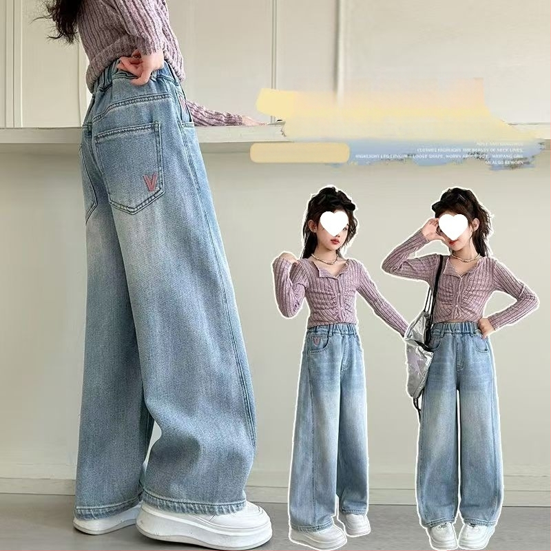 Pantaloni largi din denim pentru fete, stil primăvară-toamnă, casual și versatile