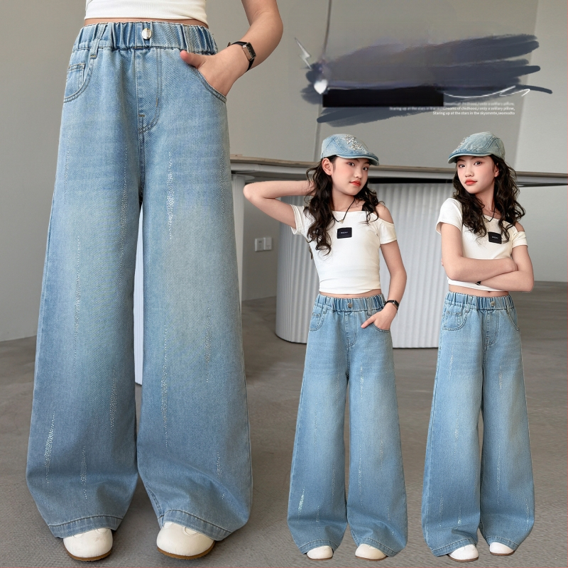 Pantaloni din denim pentru fete cu cristale, croială largă, vară, pentru fete de 9 ani