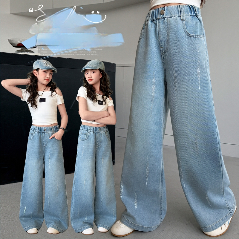 Pantaloni din denim pentru fete cu cristale, croială largă, vară, pentru fete de 9 ani