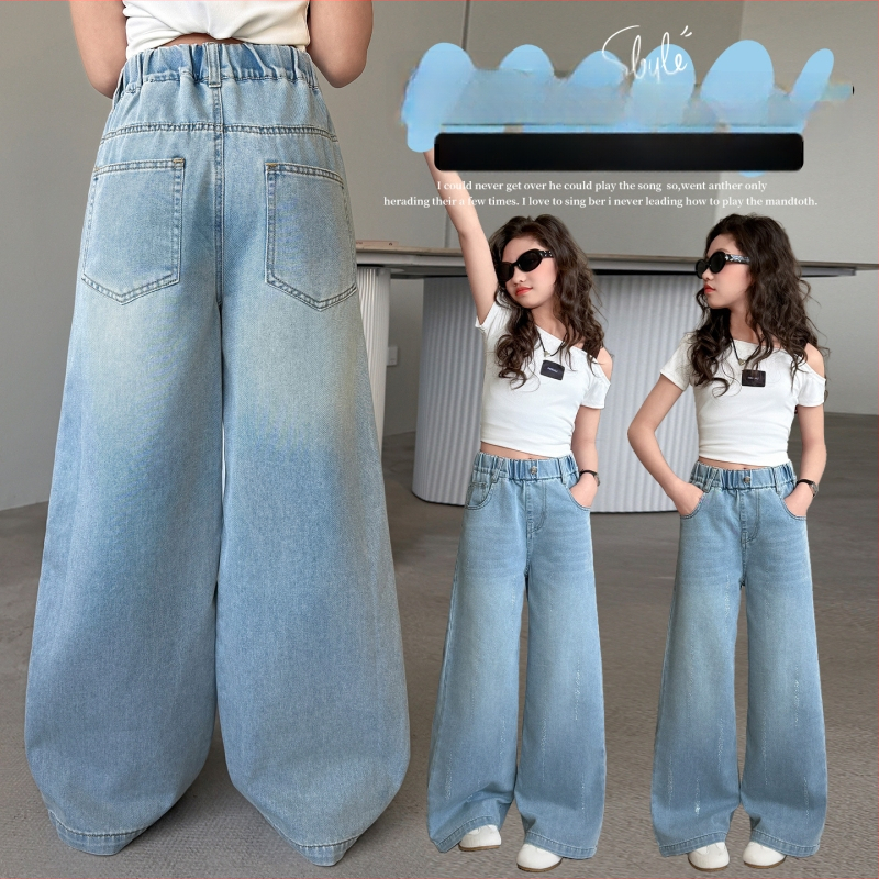 Pantaloni din denim pentru fete cu cristale, croială largă, vară, pentru fete de 9 ani