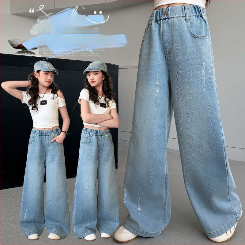 Pantaloni din denim pentru fete cu cristale, croială largă, vară, pentru fete de 9 ani