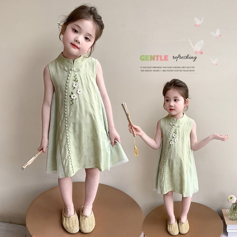 Rochie de vară pentru fetițe cu imprimeu floral, fără mâneci, croială în A, stil chinezesc, 2026