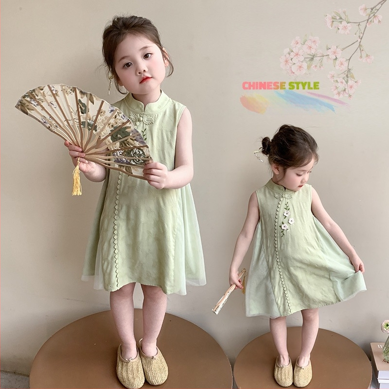 Rochie de vară pentru fetițe cu imprimeu floral, fără mâneci, croială în A, stil chinezesc, 2026