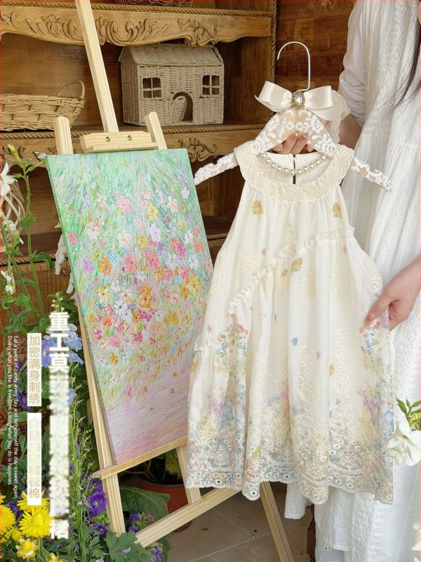 Xie Jinmao Rochie florală pentru fetițe, stil vacanță, vară 2026, broderie și dantelă, bretele, rochie prințesă