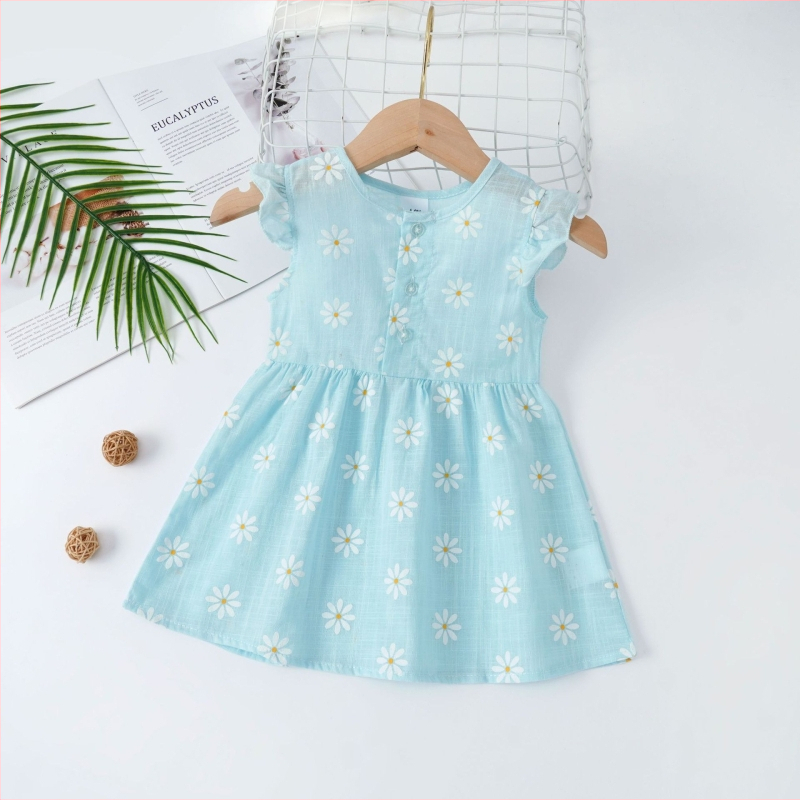 Rochie de vară pentru fetițe, mâneci scurte, imprimeu floral, stil prințesă, volane